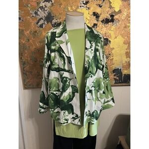 Blanque LUCIOUS Green & White Linen Blend Light Button Jacket Topper Sz 1 B 50"